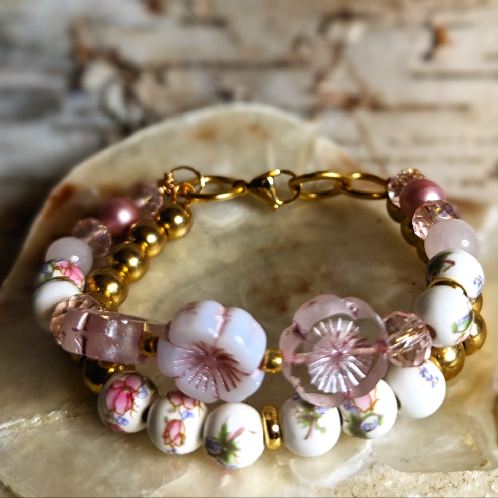 Victorian Darling Two Strand Bracelet Of Floral Ceramic Beads & Pink Flowers